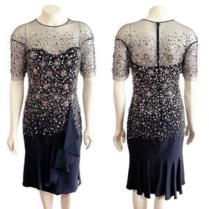 Pamella Roland Navy Confetti Sequin Beading Cocktail Dress Size 4 NWT